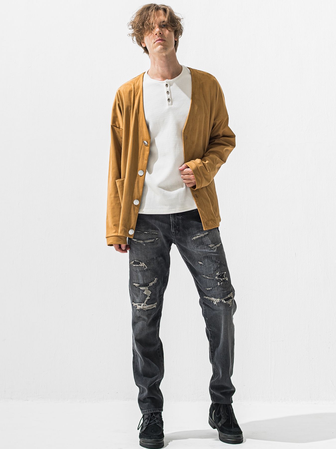 【予約品 9月6日(日) 締切】VELOURS FLEECE THERMAL HENRY / 裏起毛 ハニカムサーマル ヘンリーネック / ホワイト