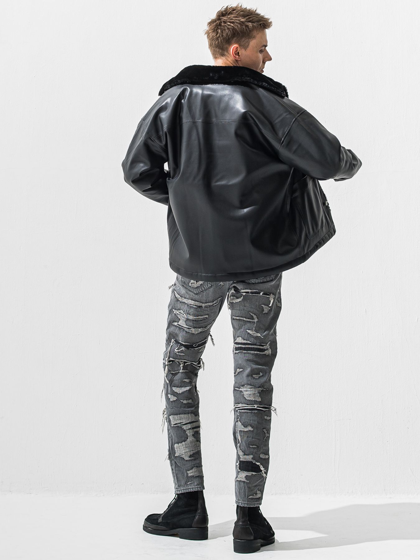 【予約品 9月6日(日) 締切】LEATHER FUR COVERALL / レザー ファー カバーオール / ブラック