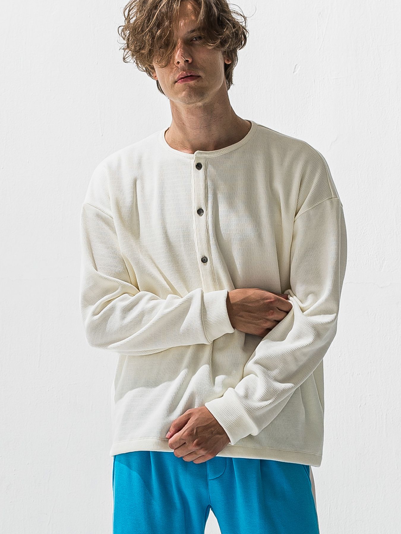 【予約品 9月6日(日) 締切】OVER HENRY VELOURS FLEECE THERMAL / 裏起毛 ハニカムサーマル オーバーサイズヘンリーネック / ホワイト