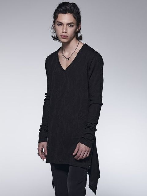 《予約品》 FlareV-NeckT-Shirt / パイソンジャガード織 Vネックフレアー長袖T/ ブラック 【kiryuyrik】 9月以降入荷予定