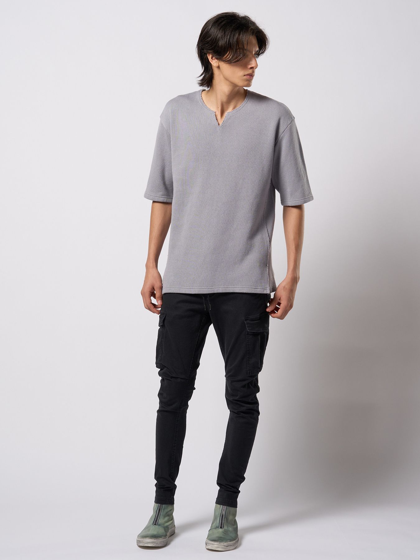 【予約品 9月23日(火) 締切】quarter-knit key neck H/S / クォーターニット キーネック ハーフスリーブ / グレー