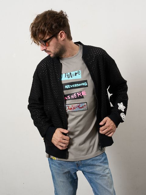 コットンラッセルメッシュ ハンドニット ワッペン ビッグジップブルゾン / ブラック