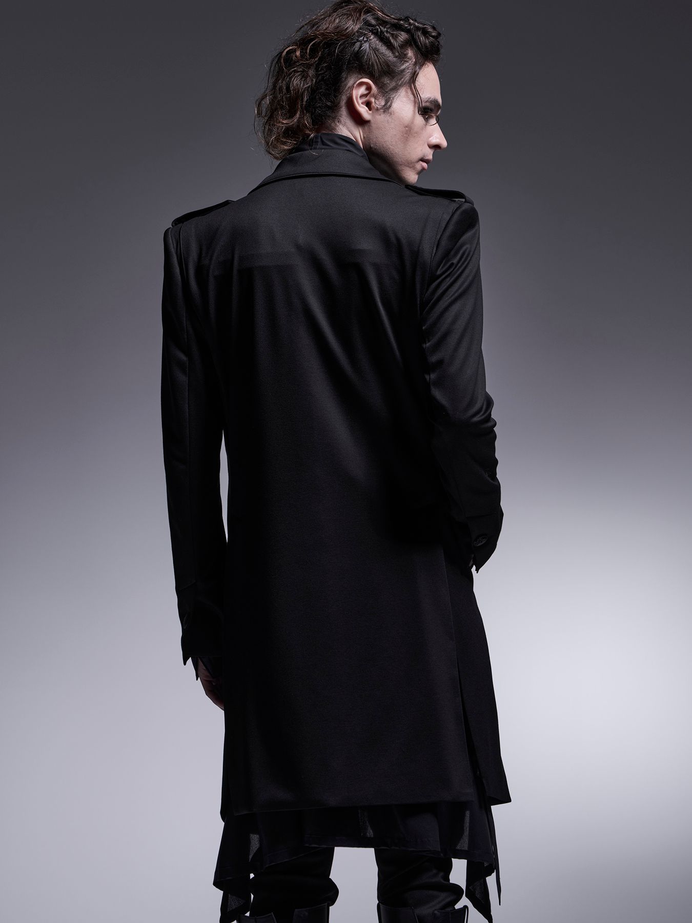 【予約品 7月13日(日) 締切】Epaulet Peaked Long Jacket / エポーレット ピークドラペル ロングジャケット / ブラック