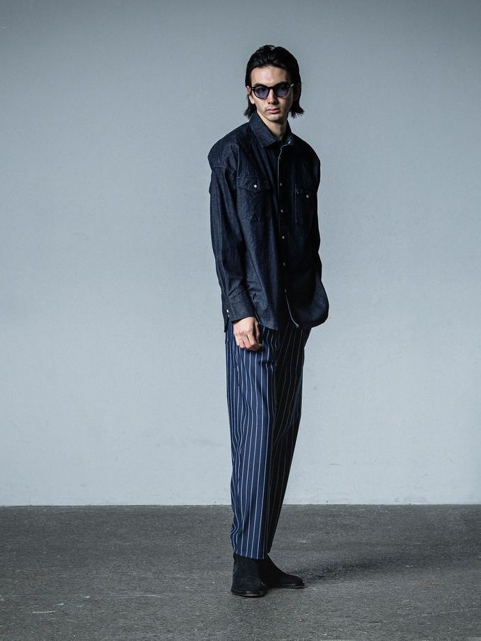 《予約品》 CHRIS EASY WIDE TUCK PANTS  / ワイドタックパンツ / ネイビー・ストライプ