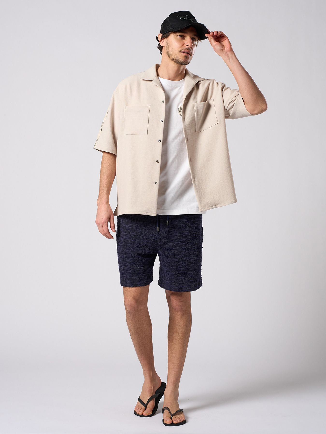 【予約品 1月25日(日) 締切】bandana print panel open shirt / バンダナプリントパネル オープンカラーシャツ / ベージュ