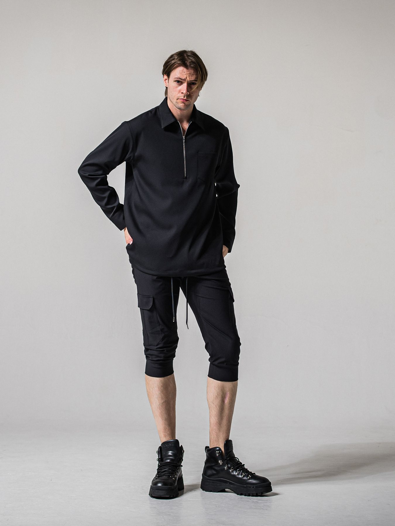 【予約品 11月16日(日) 締切】PULL OVER SATIN SHIRT / ジッププルオーバー サテンシャツ / ブラック