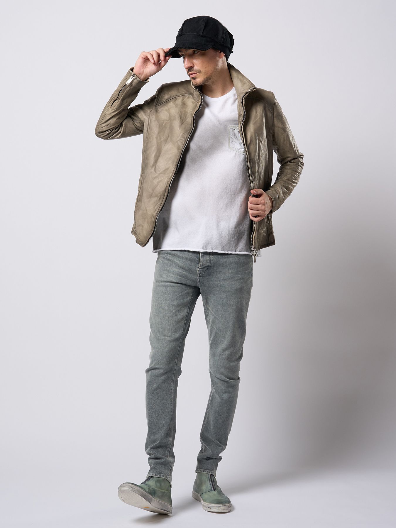 【予約品 9月23日(火) 締切】spray dye leather pocket-T / スプレーダイ レザーポケットTシャツ / ホワイト×ブラック