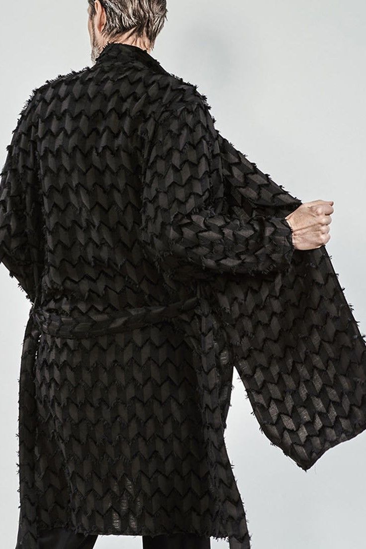Fringe cut jacquard shawl collar shirt gown / BLACK 【ys Yuji SUGENO】