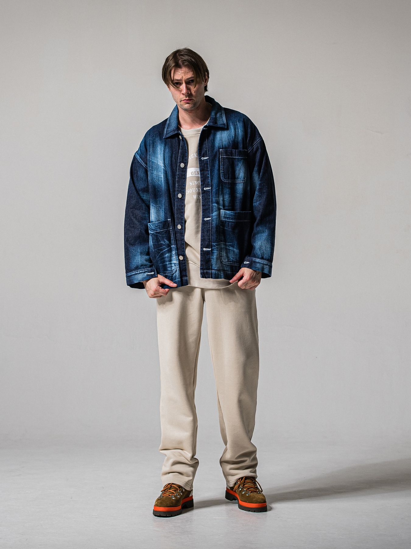 【予約品 11月16日(日) 締切】HF URAKE COLLEGE DROP TRAINER / 裏毛 カレッジロゴルーズ トレーナー / グレージュ