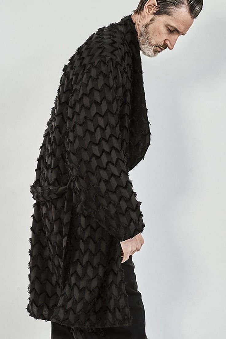 Fringe cut jacquard shawl collar shirt gown / BLACK 【ys Yuji SUGENO】