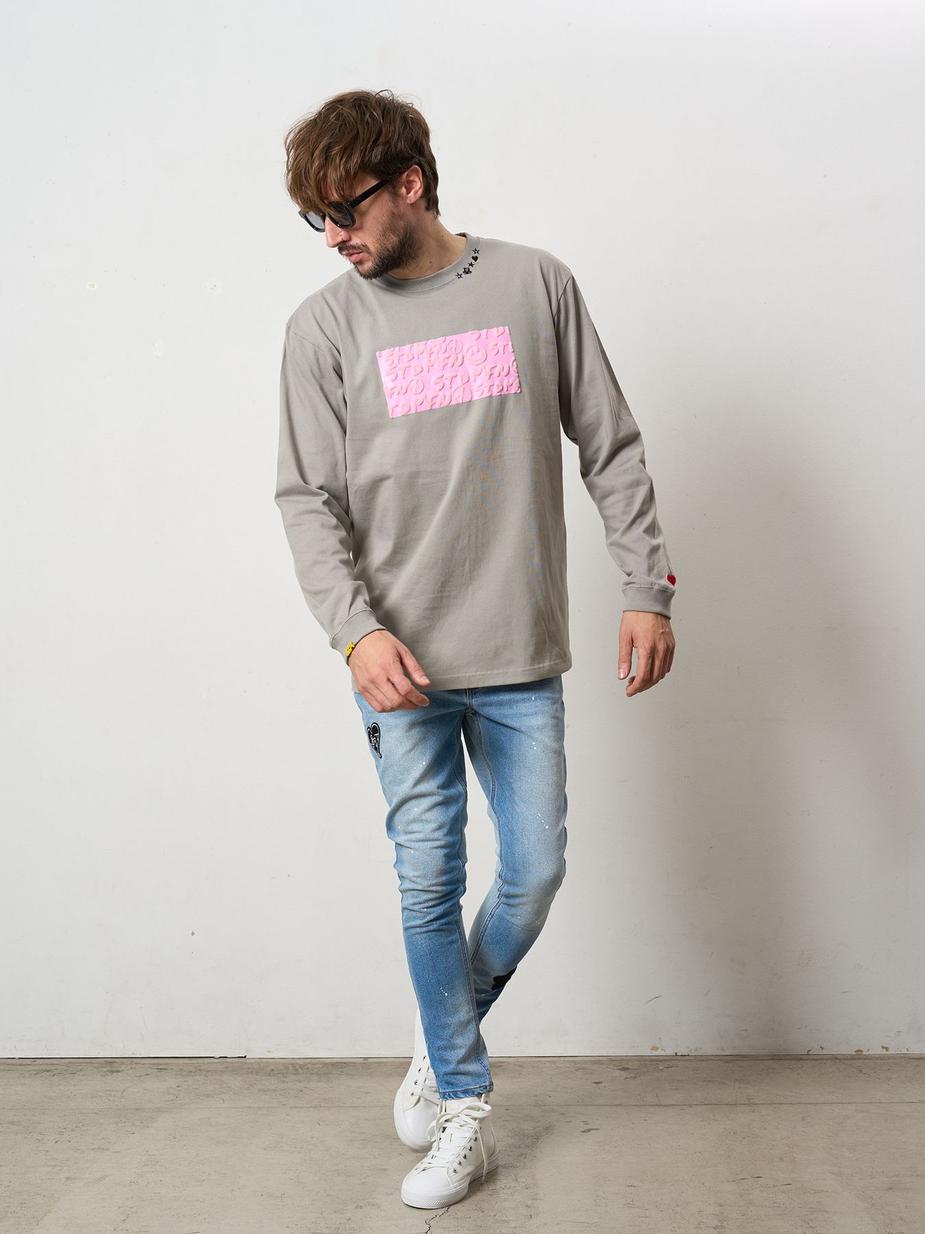 【予約品 5月8日(木) AM10時 締切】 5.6ozコットン天竺 ボックスロゴ発泡プリントLS Tシャツ / チャコールグレー