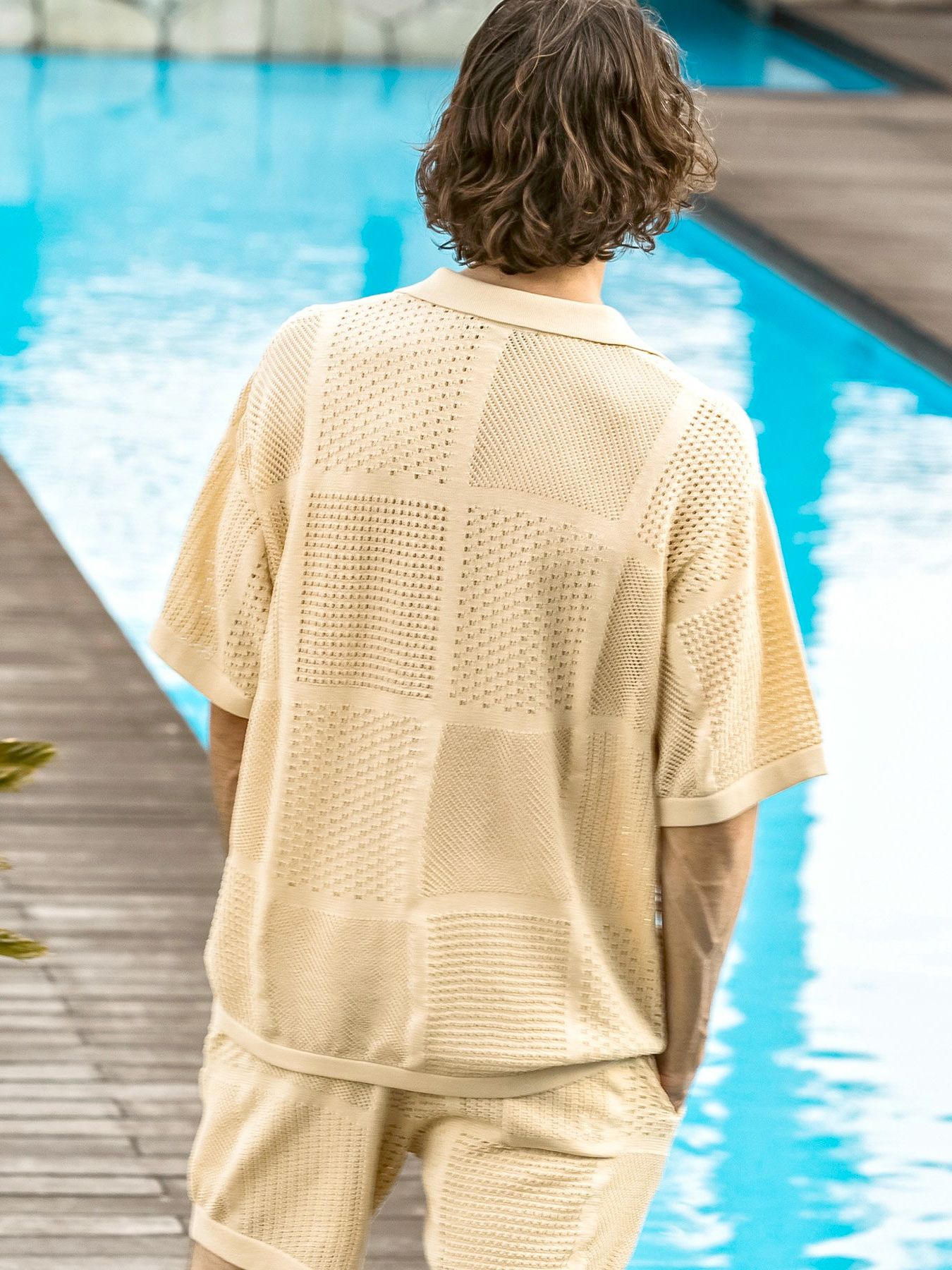 ブロックメッシュニットオープンカラーシャツ / ホワイト