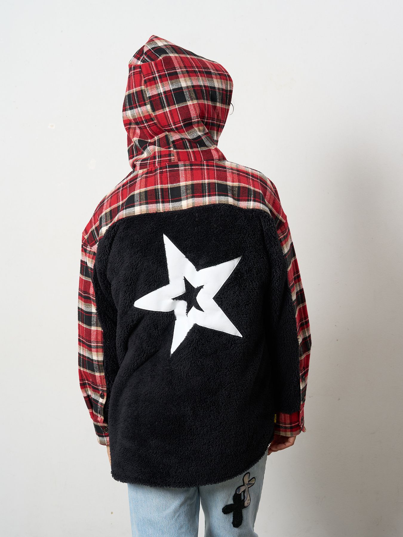 【予約品 】 ヘビーネルチェック-ボア レザースター&サガラパッチワーク フーデッドシャツ / ブラック