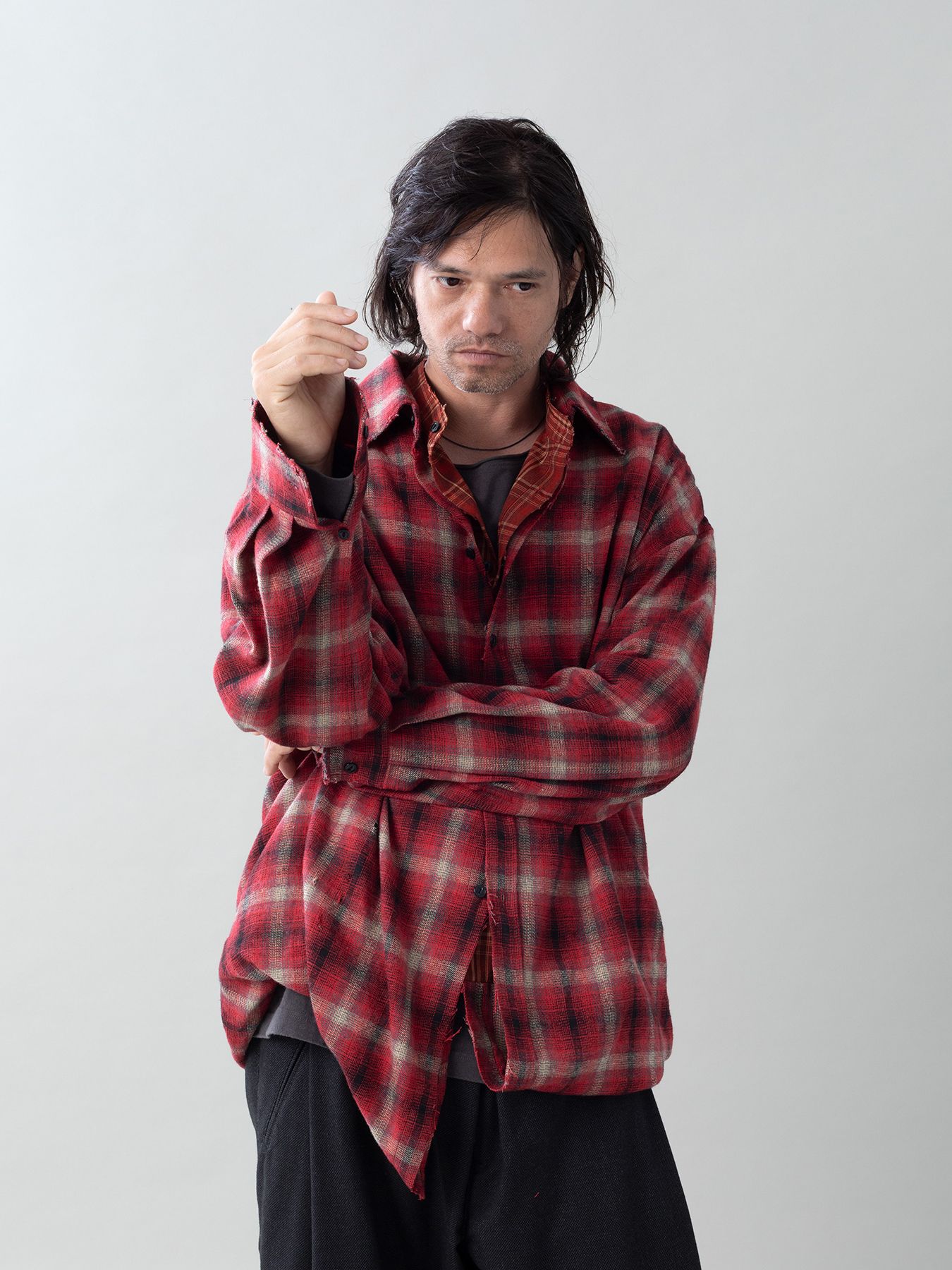 【予約品 5月27日(水) 締切】DOUBLE-SHIRTS damage / ダメージ加工 レイヤードシャツ / レッド系