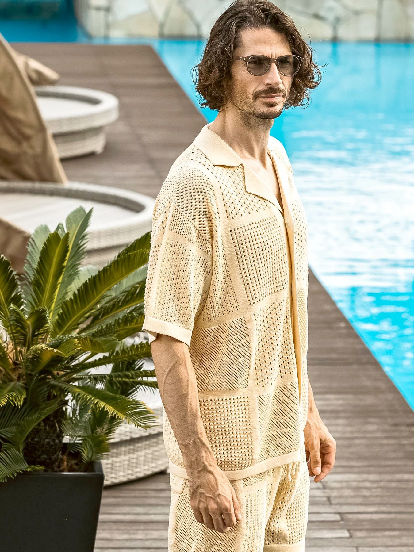 ブロックメッシュニットオープンカラーシャツ / ホワイト