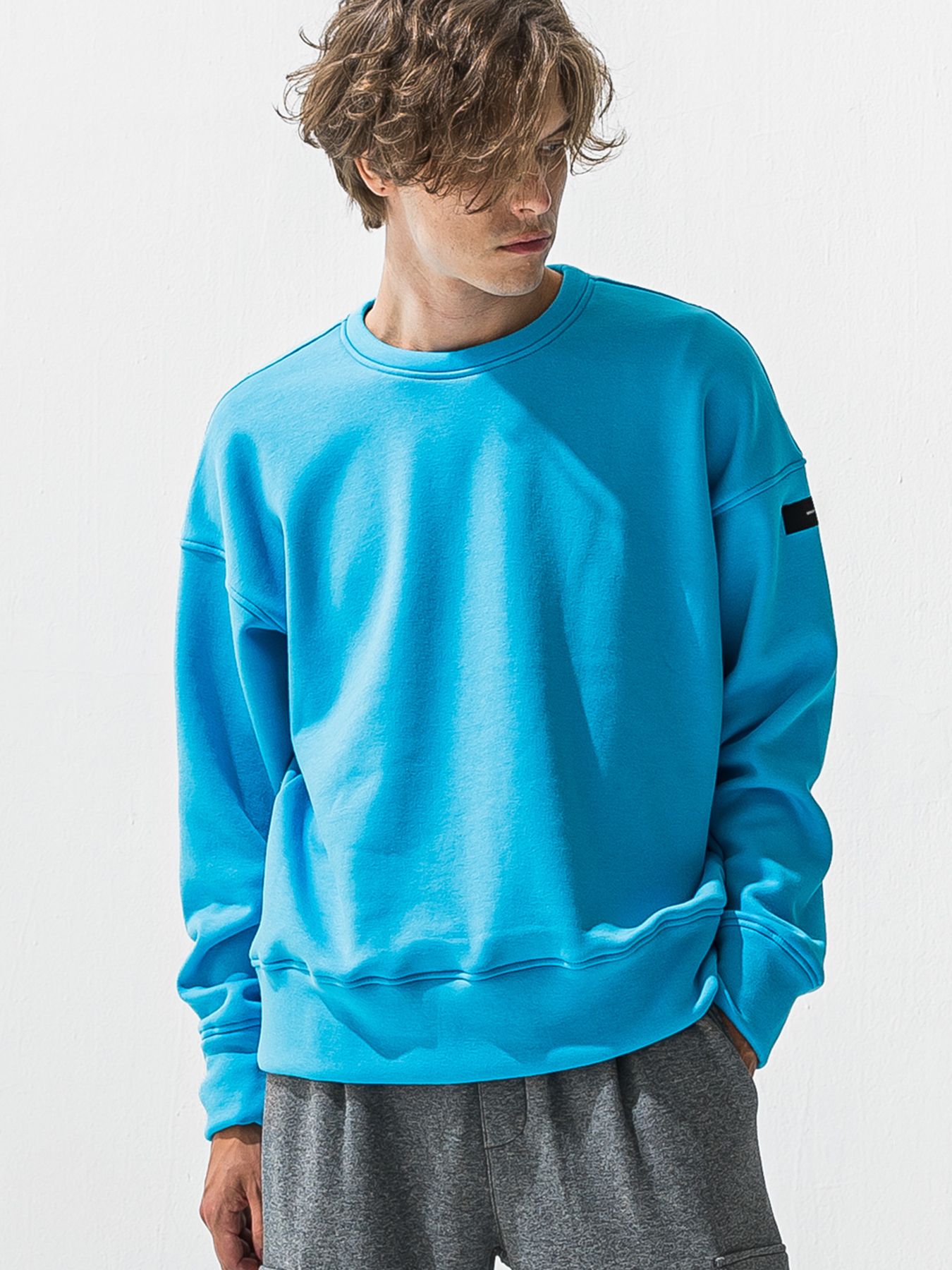【予約品 9月6日(日) 締切】PIN ST RC VELOURS FLEECE DROP TRAINER / ピンストライプロゴ 裏起毛 ルーズトレーナー / ブルー