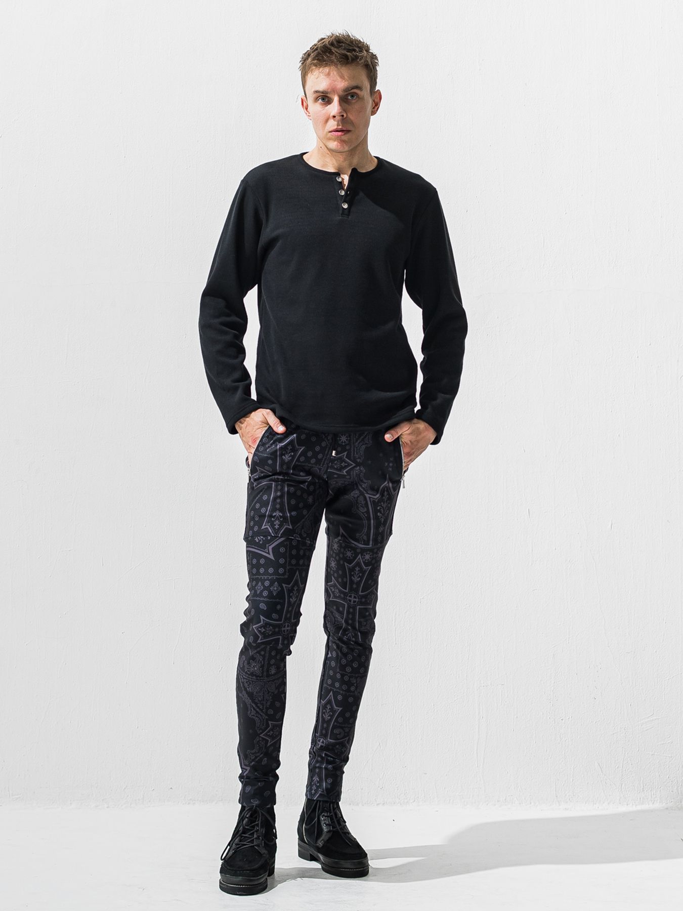 【予約品 9月6日(日) 締切】VELOURS FLEECE THERMAL HENRY / 裏起毛 ハニカムサーマル ヘンリーネック / ブラック