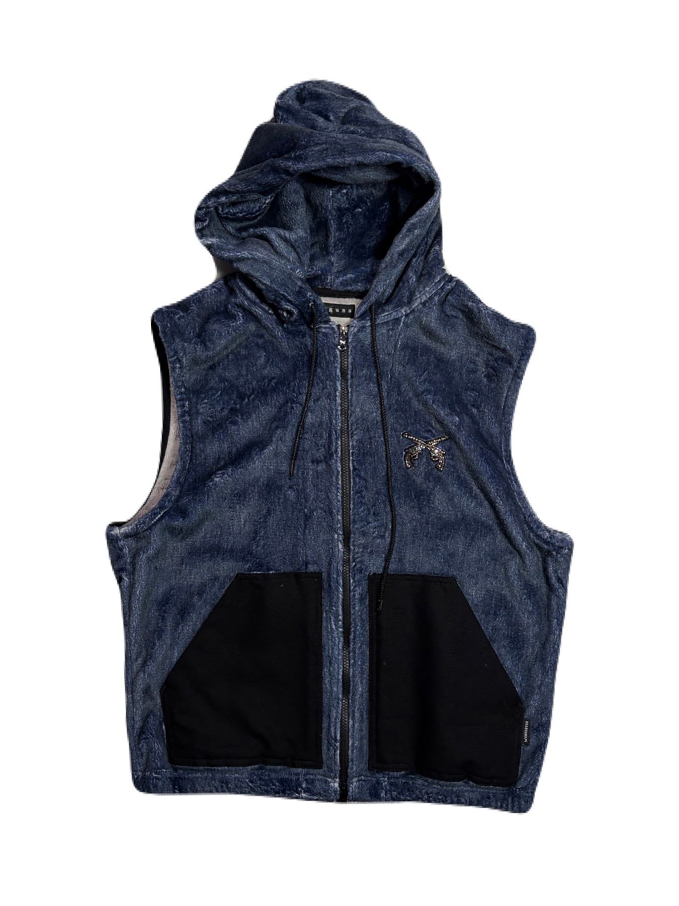 【予約品 3月9日(月) 18:00 締切】FLEECE DENIM VEST A / クリスタルクロスガン デニムプリント フリース ベスト / ブルー