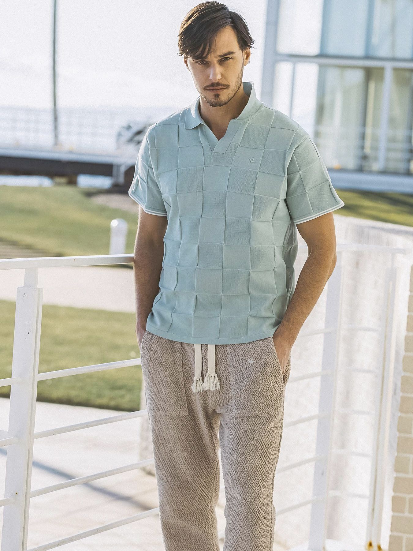 ブロックニット半袖ポロシャツ / サックス