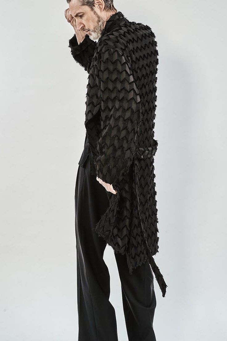 Fringe cut jacquard shawl collar shirt gown / BLACK 【ys Yuji SUGENO】