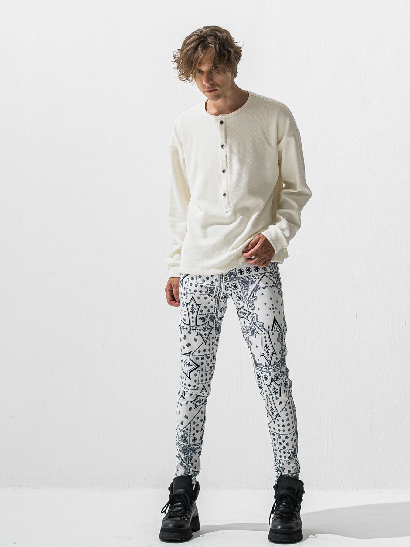 【予約品 9月6日(日) 締切】OVER HENRY VELOURS FLEECE THERMAL / 裏起毛 ハニカムサーマル オーバーサイズヘンリーネック / ホワイト