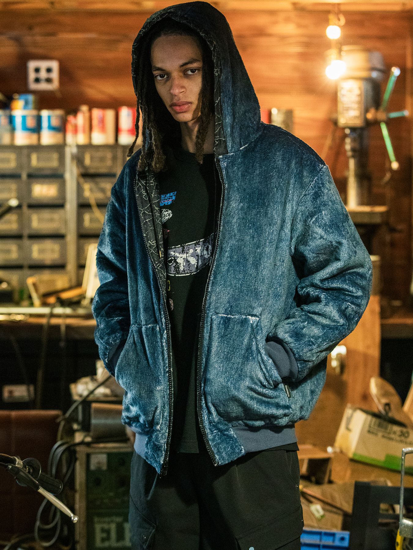 【予約品 3月9日(月) 18:00 締切】SPIDER JAQ HOODIE / リバーシブル スパイダー ジャガード ジップフーディ / ブルー