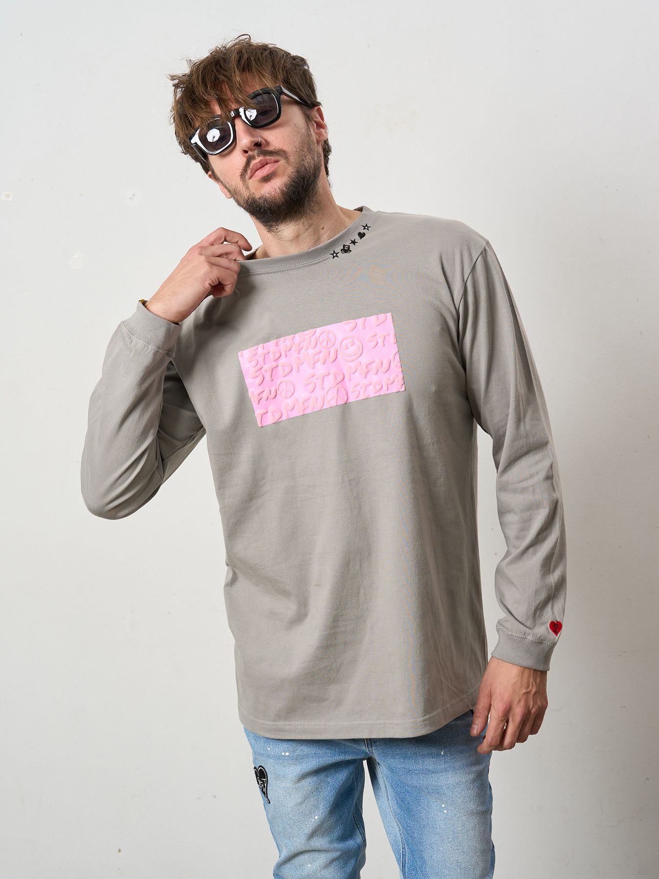 【予約品 5月8日(木) AM10時 締切】 5.6ozコットン天竺 ボックスロゴ発泡プリントLS Tシャツ / チャコールグレー