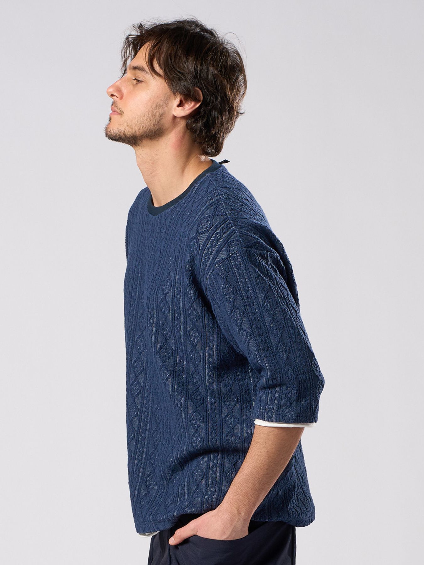 【予約品 1月25日(日) 締切】jacquard summer knit H/S / ジャガード サマーニット ハーフスリーブ / ネイビー