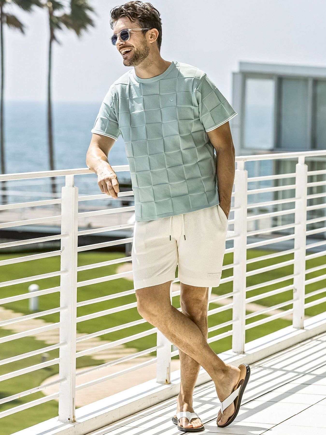 ブロックニット半袖Tシャツ / サックス