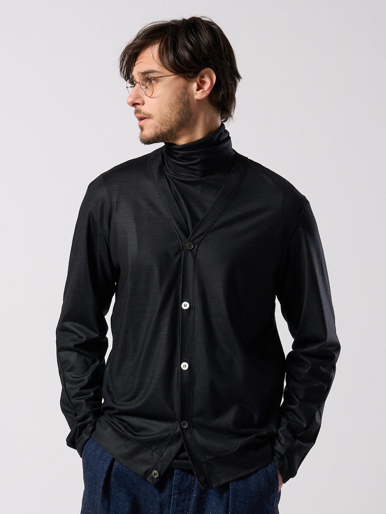 【予約品 4月19日(日) 18時締切】ex.comfy wool middle cardigan / メリノウールジャージー カーディガン / ブラック