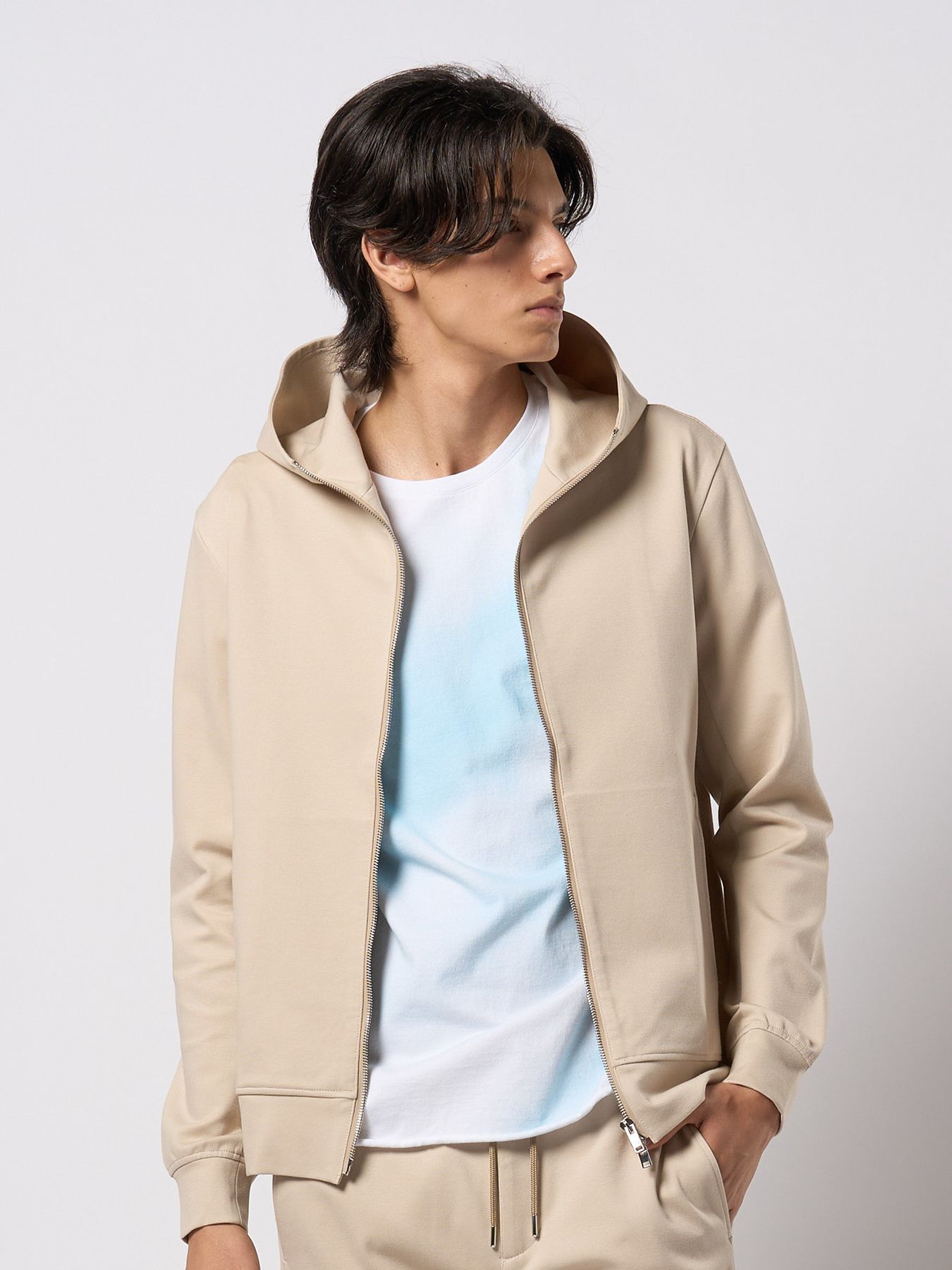 【予約品 9月23日(火) 締切】high neck zip-up parka / ハイネック ジップアップパーカー / ライトベージュ