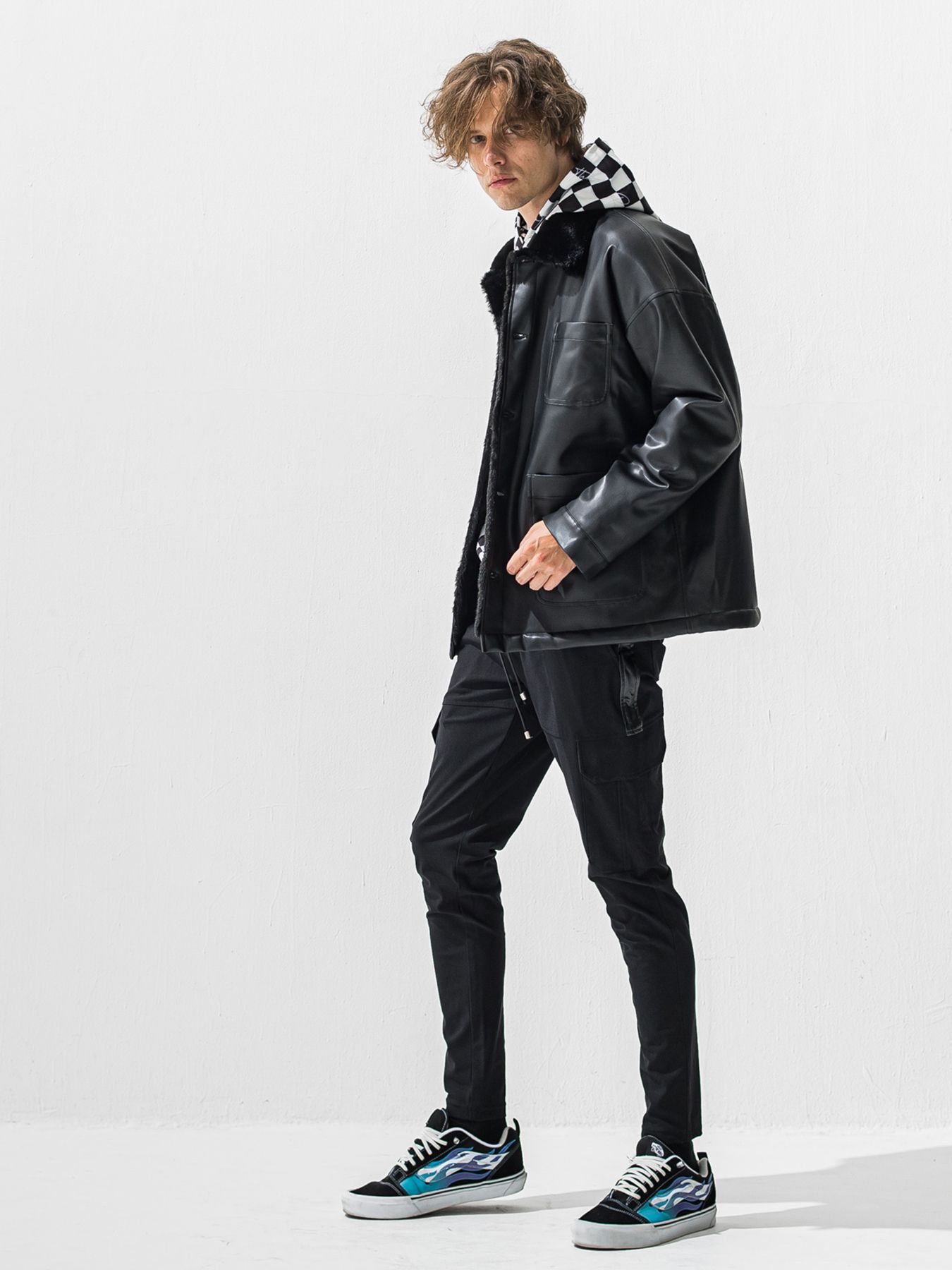 【予約品 9月6日(日) 締切】CHECKER BACK FLEECE TRAINER / 裏起毛 ルーズフーディー / ホワイト×ブラック
