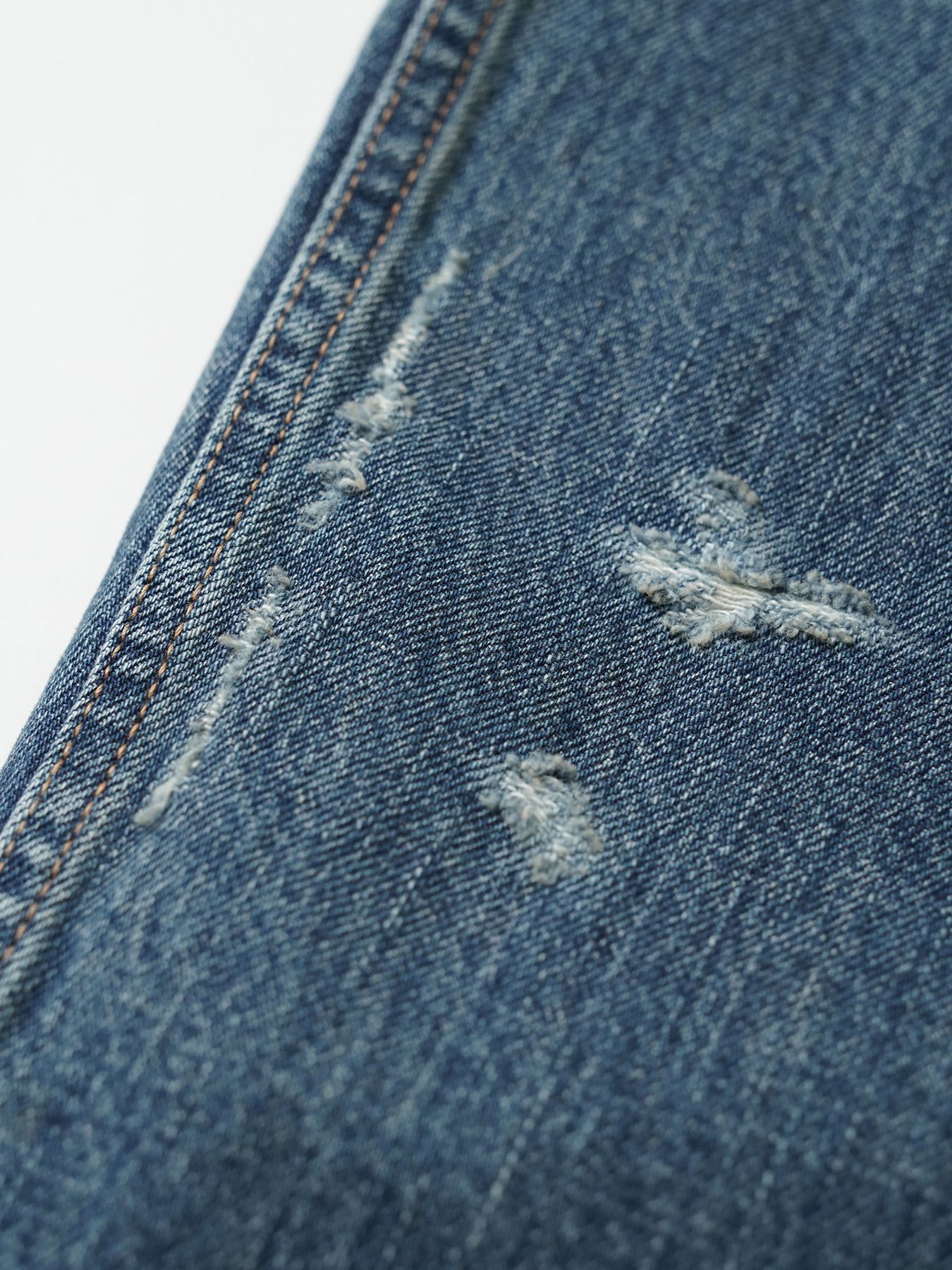 【予約品 5月6日(水) 締切】USN-DENIMTROUSERS damage / ダメージ加工 デニムミリタリーパンツ / インディゴ × 金茶ステッチ 淡