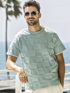 ブロックニット半袖Tシャツ / サックス