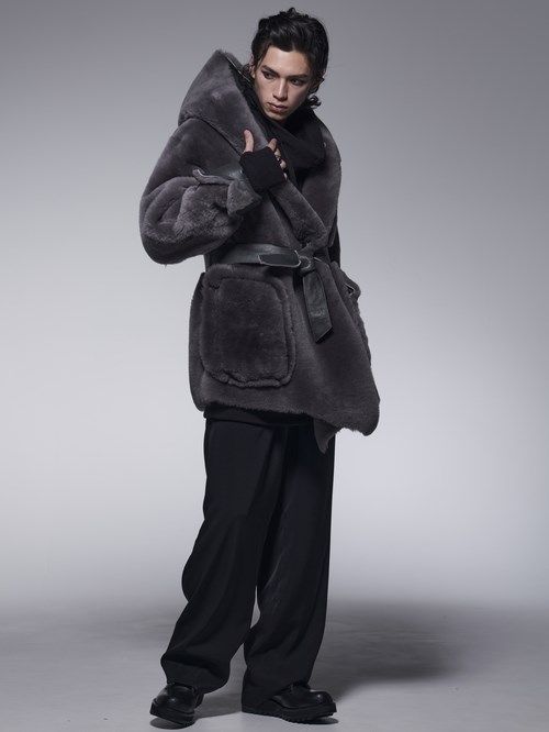 《予約品》 ShawlHoodMoutonCoat / リバーシブルムートンコート / グレー 【kiryuyrik】 11月以降入荷予定