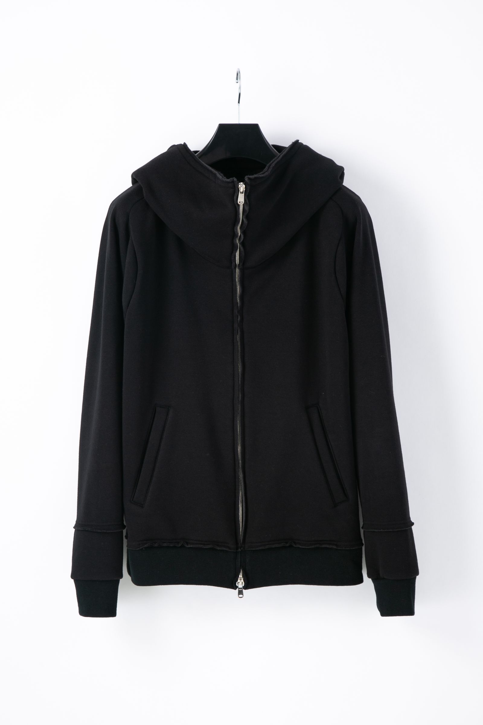 《予約品》ストレッチコットンポリ ベロア加工ニット ジップアップフーディー / BLACK 【STRUM】 8月中~下旬入荷予定