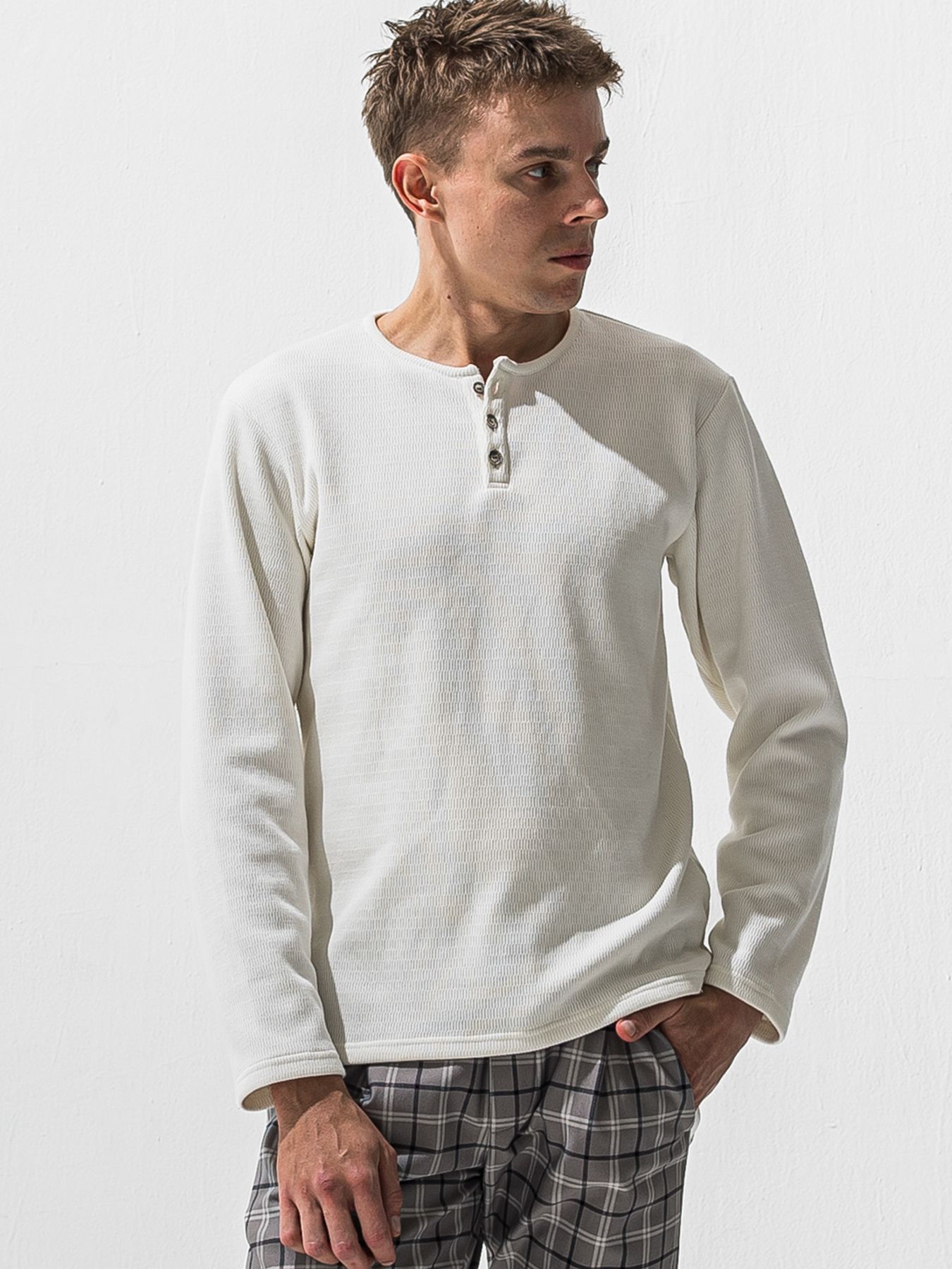 【予約品 9月6日(日) 締切】VELOURS FLEECE THERMAL HENRY / 裏起毛 ハニカムサーマル ヘンリーネック / ホワイト