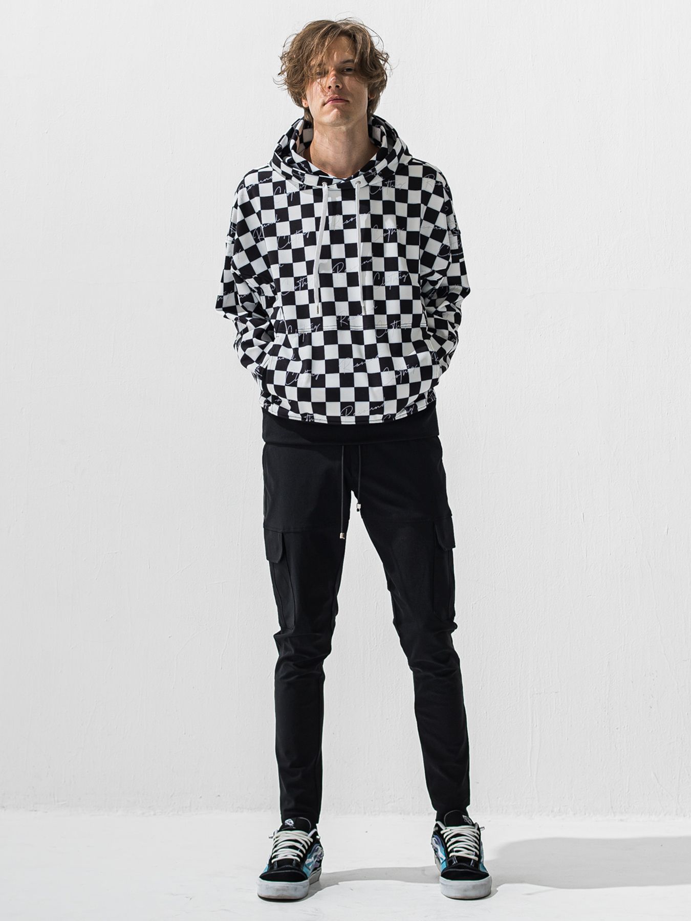 【予約品 9月6日(日) 締切】CHECKER BACK FLEECE TRAINER / 裏起毛 ルーズフーディー / ホワイト×ブラック