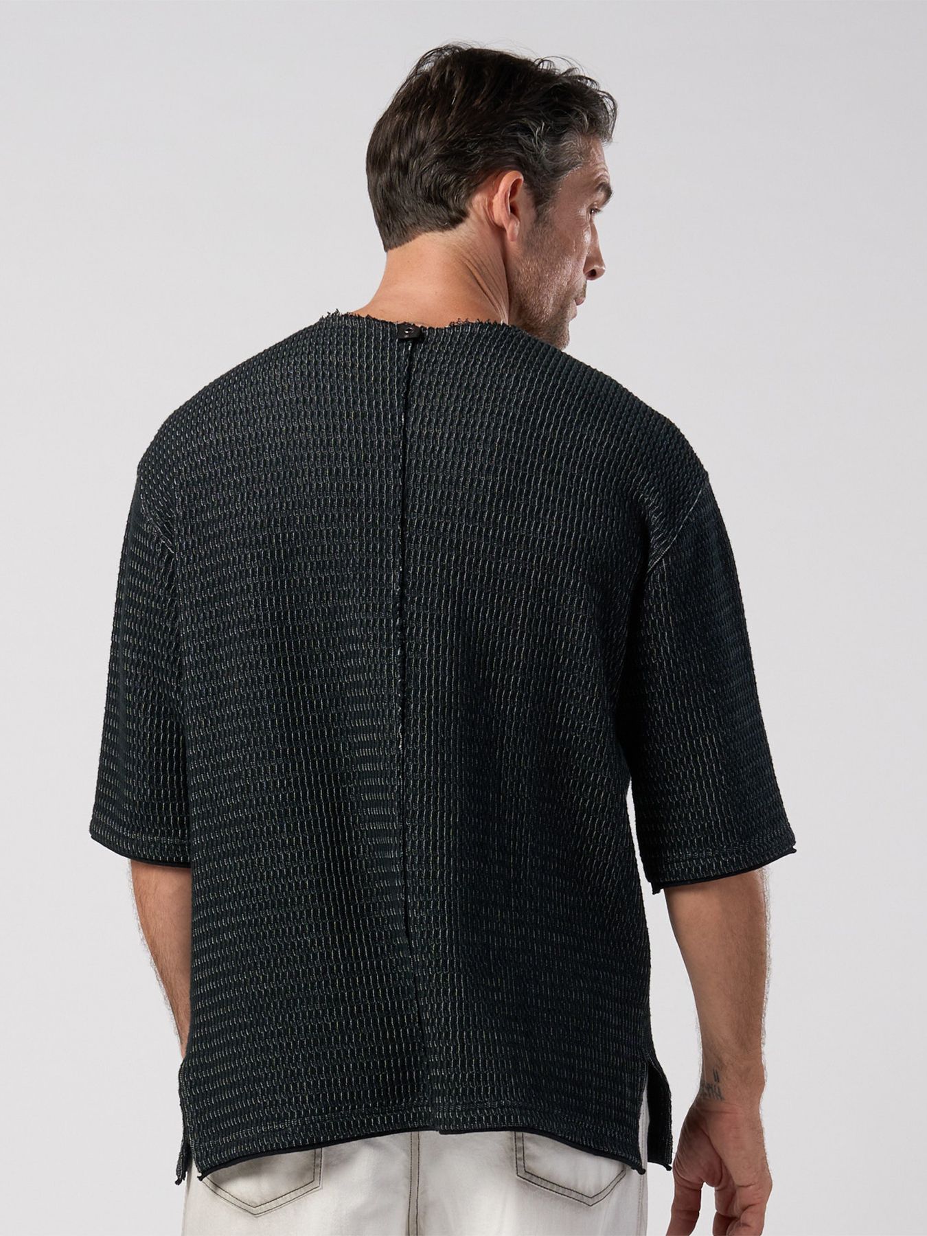 【予約品】textured knit key-neck H/S / ニットジャージー ハーフスリーブトップス / ブラック×グレー