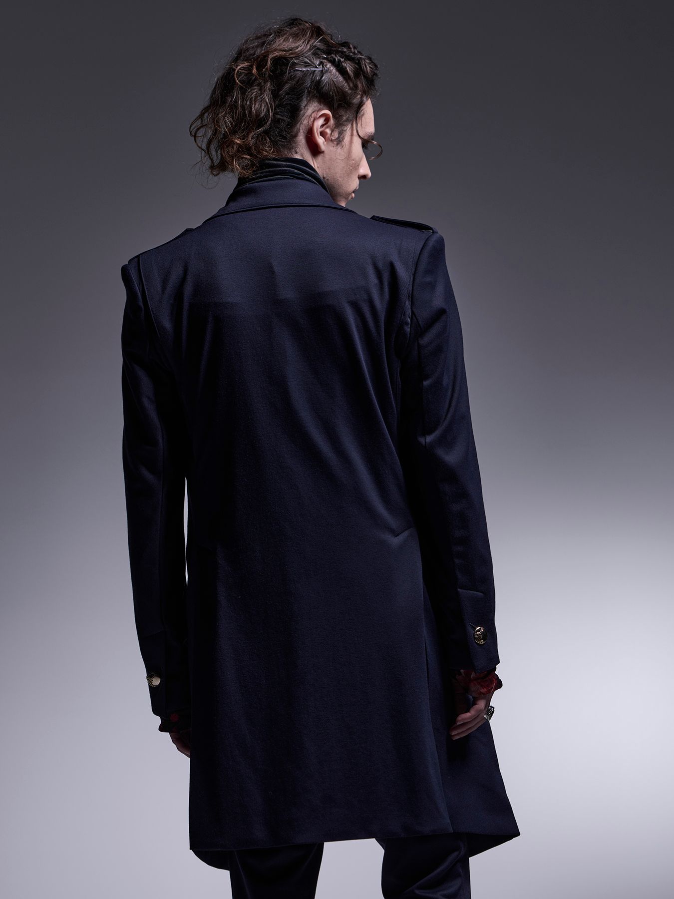【予約品 7月13日(日) 締切】Epaulet Peaked Long Jacket / エポーレット ピークドラペル ロングジャケット / ネイビー
