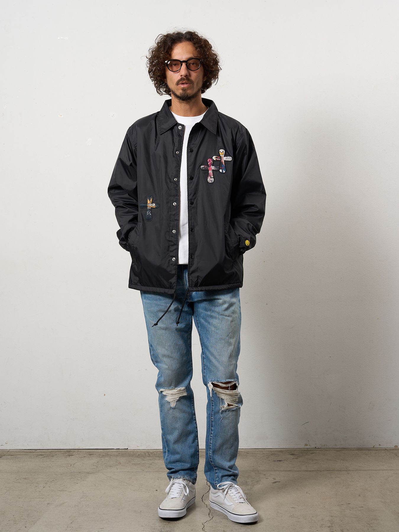 【予約品 10月16日(木) 締切】STYLE STYLE ドリップスタークロスパッチ ナイロン コーチジャ オーセンティックパイル ウェービーロゴ スマイル ケット / ブラック