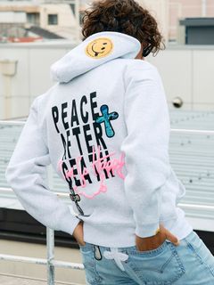 【予約品 5月8日(木) AM10時 締切】 TC裏毛起毛 PEACE AFTER DEATH&マルチパッチワーク プルパーカー / アッシュ