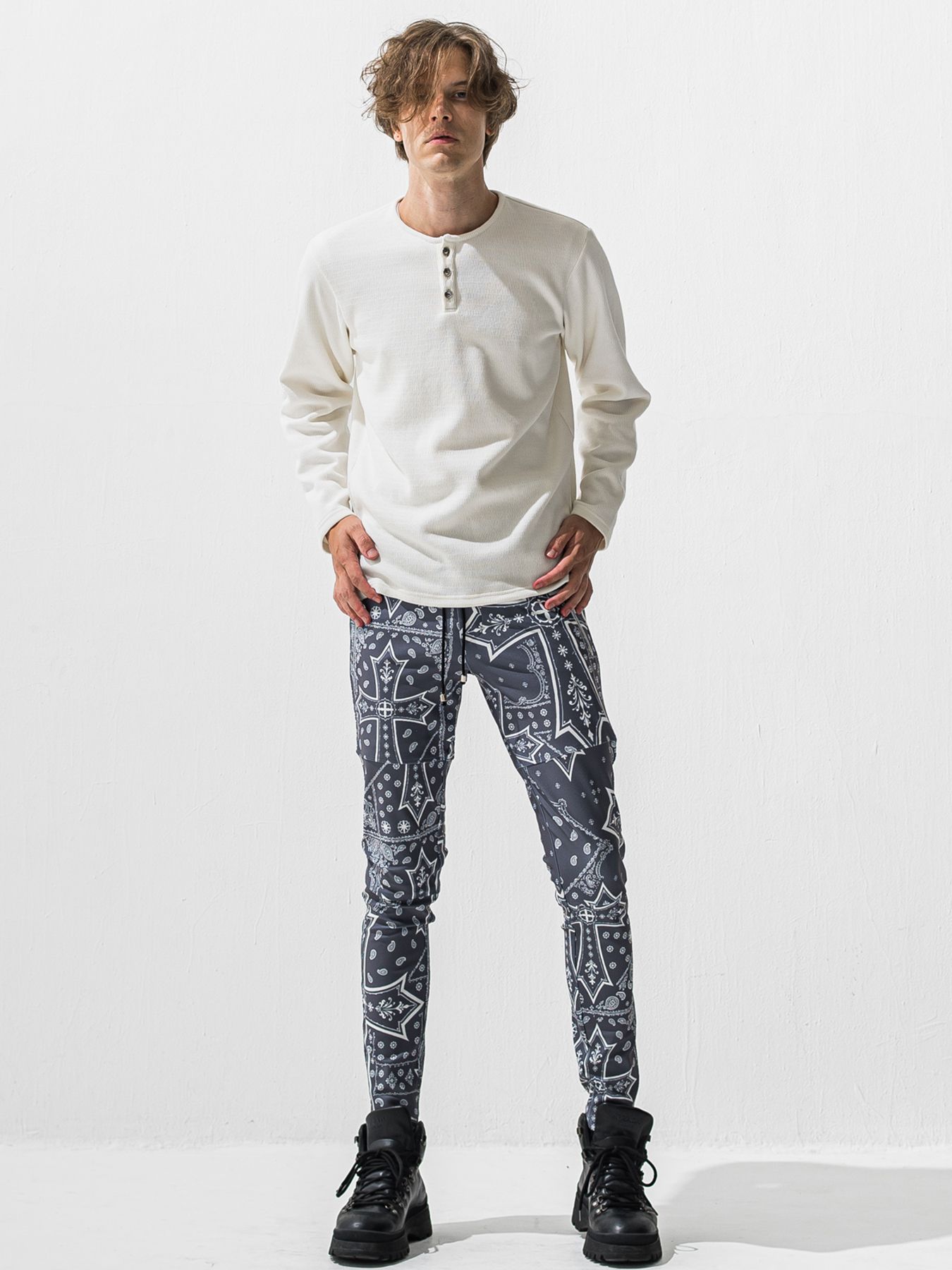 【予約品 9月6日(日) 締切】VELOURS FLEECE THERMAL HENRY / 裏起毛 ハニカムサーマル ヘンリーネック / ホワイト