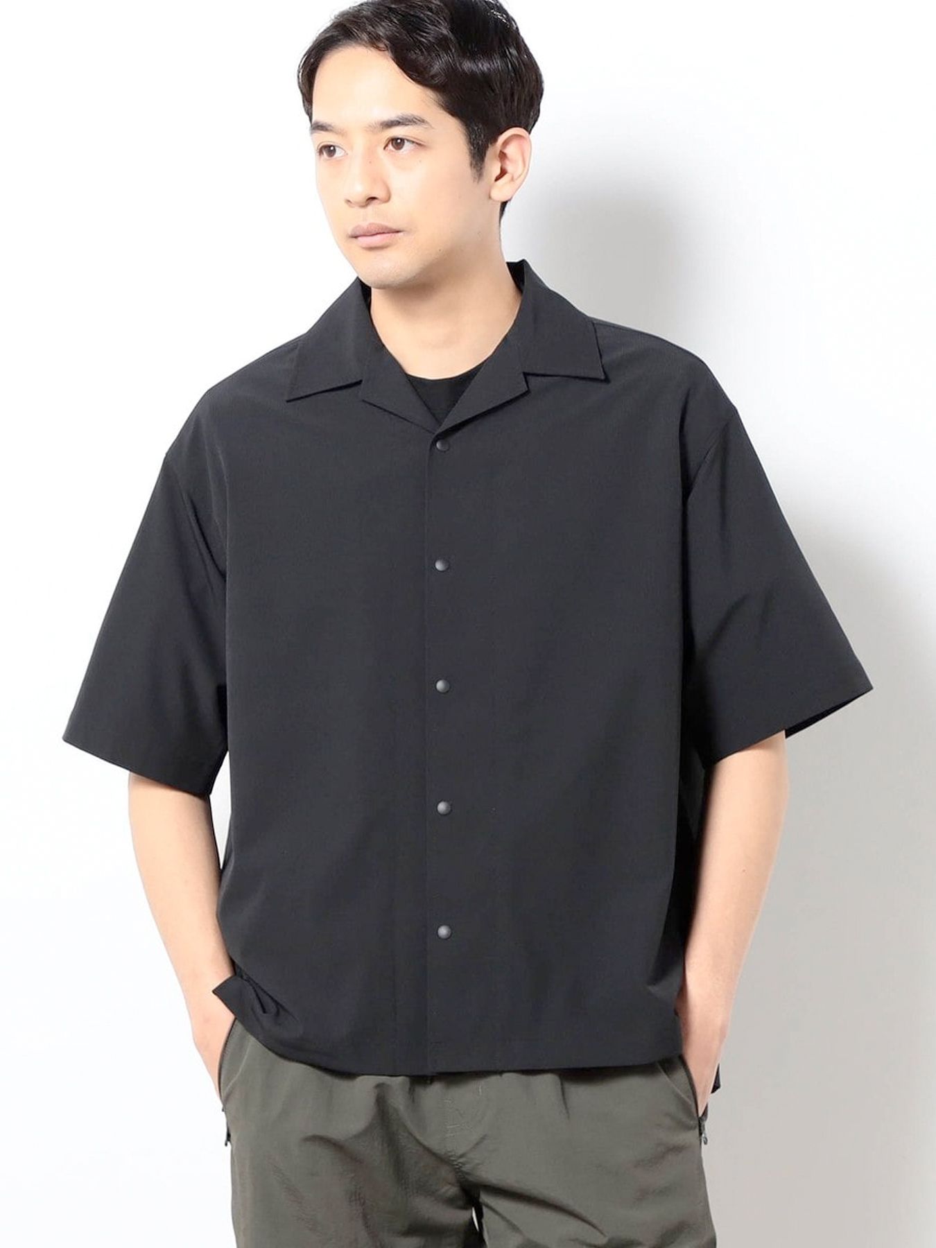 ストレッチリップ オープンカラーシャツ / ブラック【Grand PARK NICOLE】