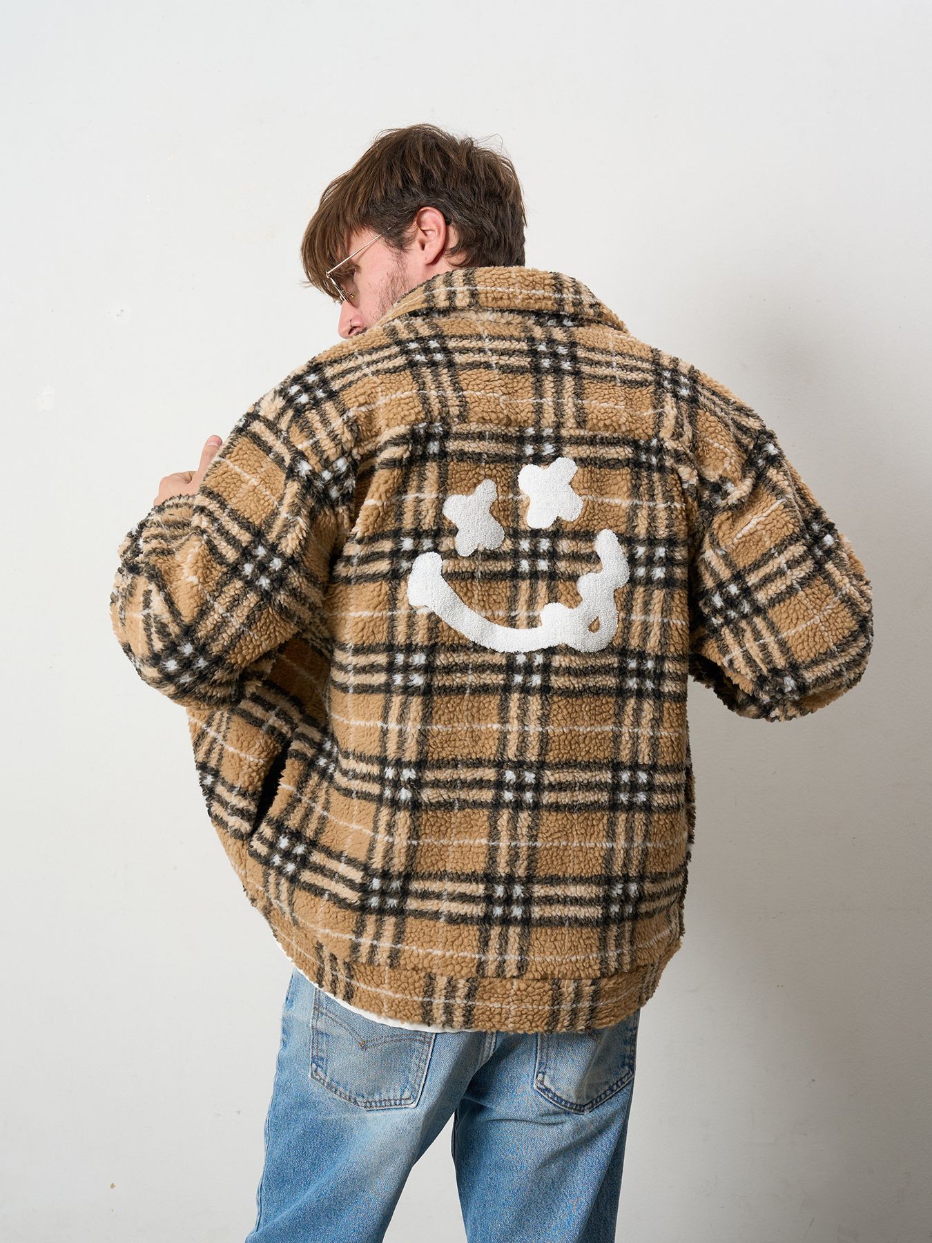 【予約品 】 ブロックチェックムックボア サガラパッチワークブルゾン / ベージュ