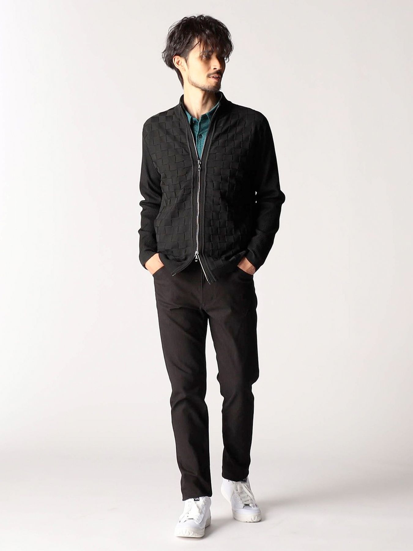 ブロックチェックニットブルゾン / ブラック 【NICOLE CLUB FOR MEN】