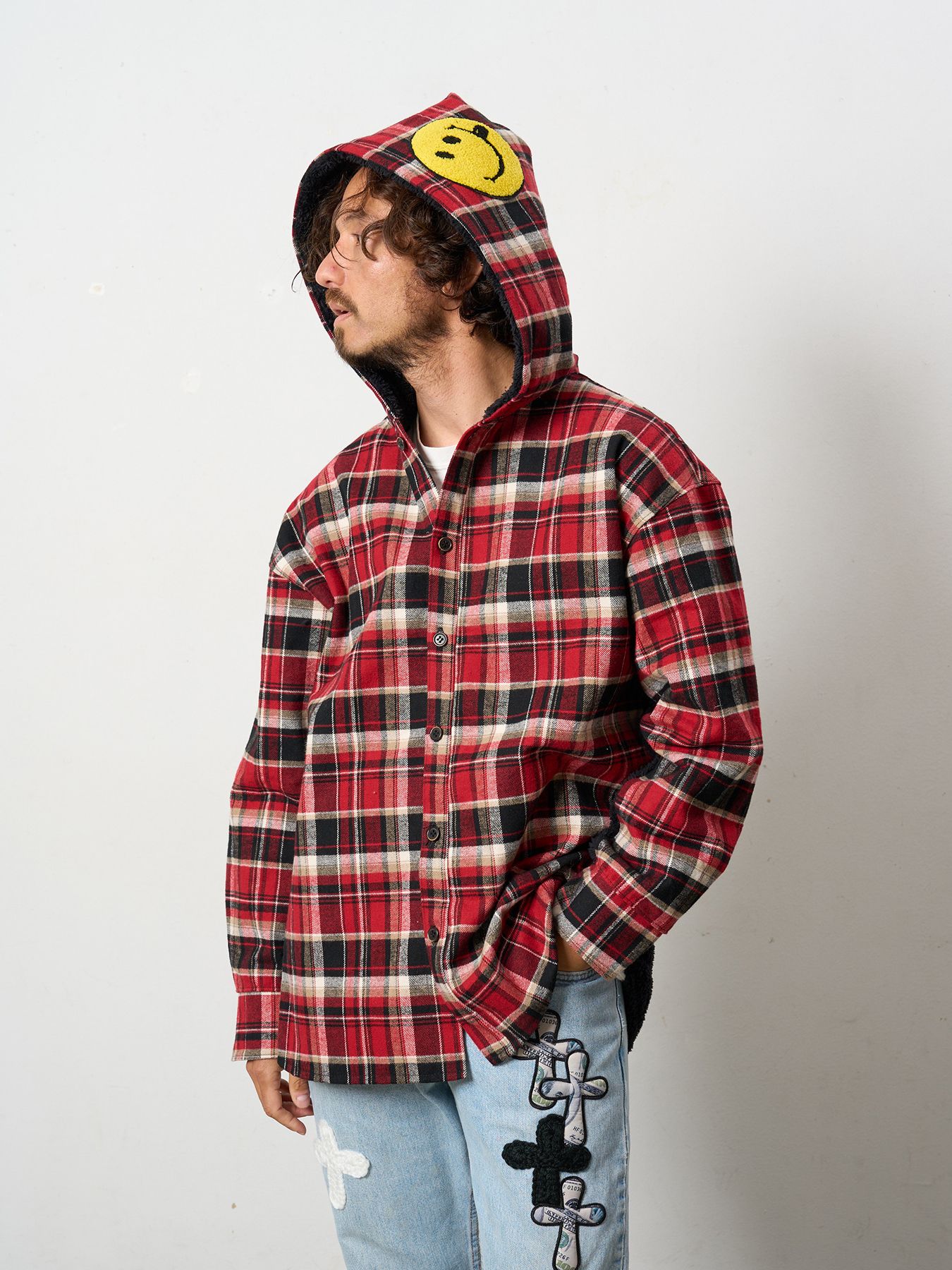 【予約品 】 ヘビーネルチェック-ボア レザースター&サガラパッチワーク フーデッドシャツ / ブラック