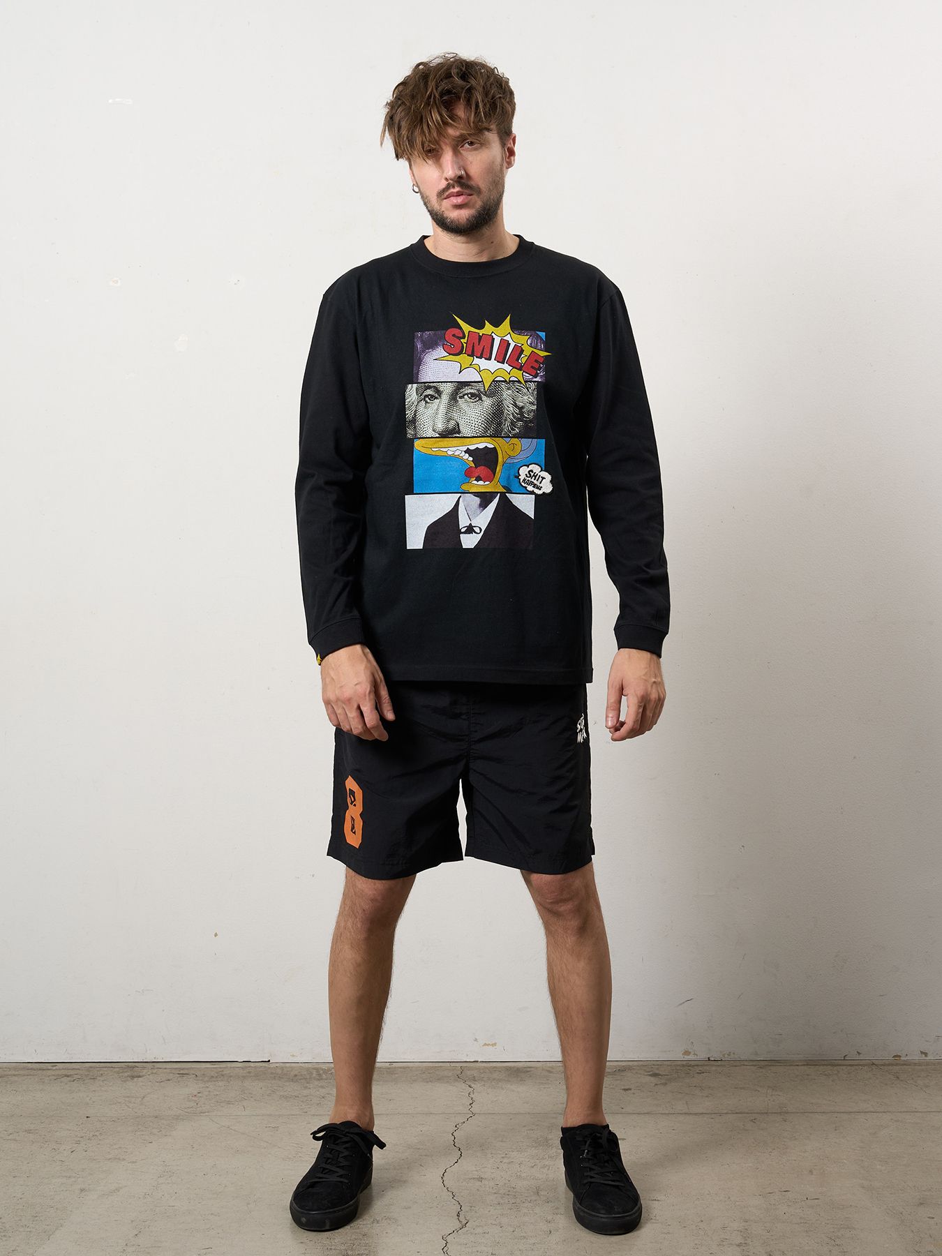 【予約品 10月16日(木) 締切】5.6ozコットン天竺 ブロックコラージュ&パッチ LSシャツ / ブラック