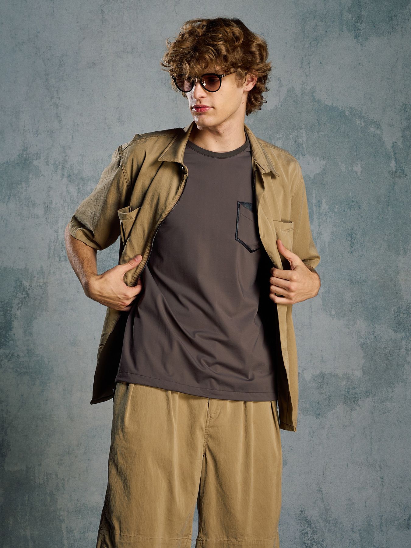 【予約品 1月25日(日) 締切】drawstring leather pocket S/S / ドローストリング レザーポケット ショートスリーブ / チャコール