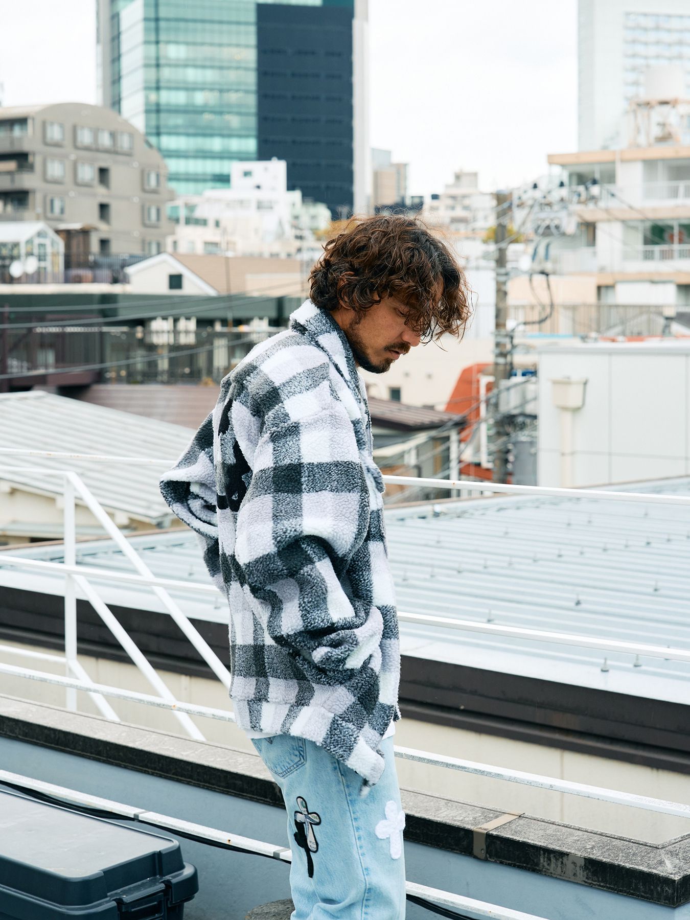 【予約品 】 ブロックチェックムックボア サガラパッチワークブルゾン / M.グレー